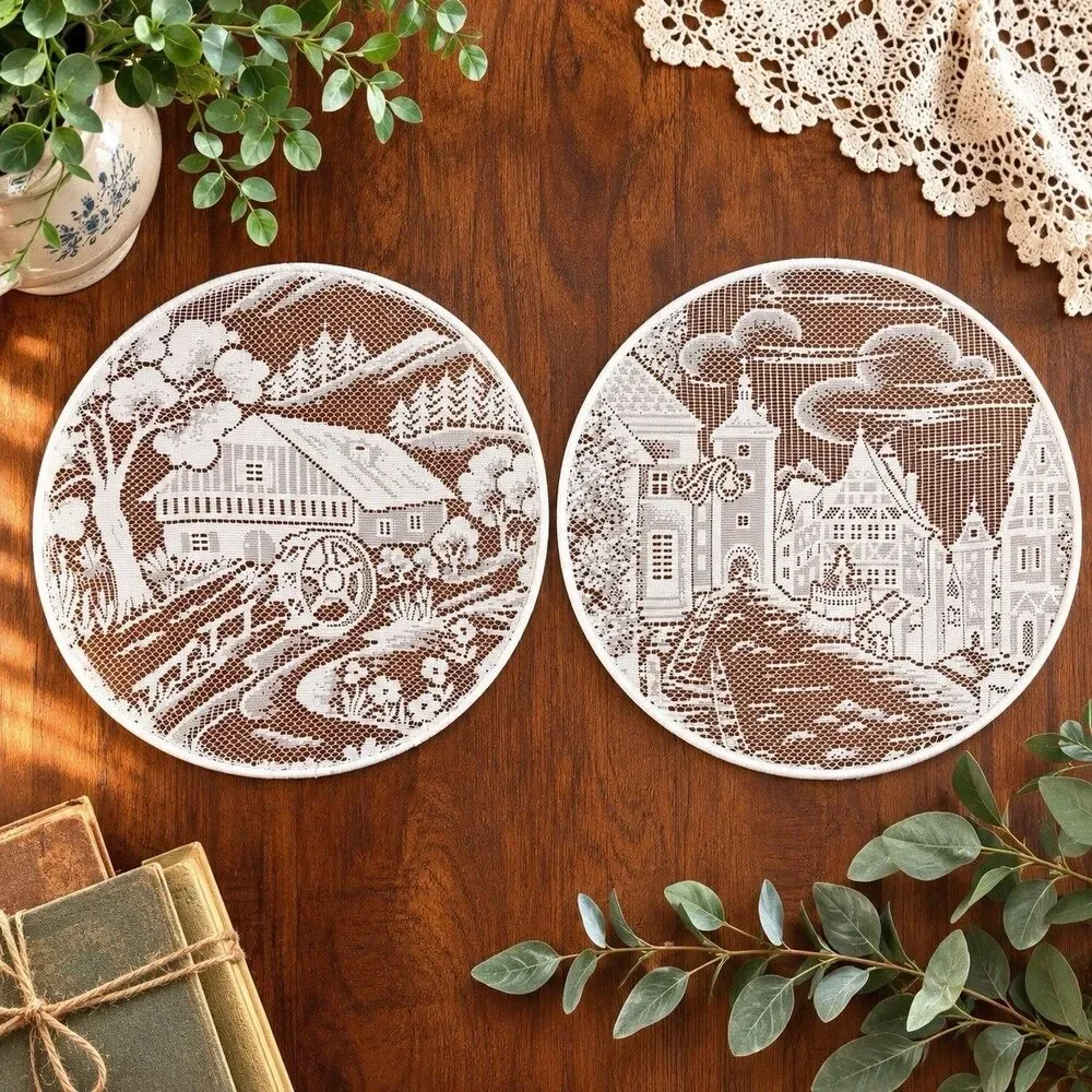 Vintage German Lace Window Hanging Set 2 Rothenburg Village Water Wheel Doilies